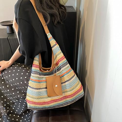 Women's Woven Beach Shoulder Handbag Colorful Straw Tote Bag Summer Vacation Crossbody Bag - color: 3016colorful