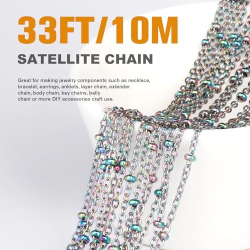33 Feet Multicolor Stainless Steel Satellite Chain Roll, 2mm 304 Stainless Steel Colorful Ball Beaded Cable Link Chains Spool Bulk for Jewelry Making DIY Craft - color: Colorful Small Beads Satellite Cable Chain