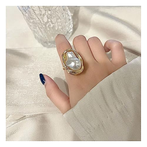 Choistily Pearl Ring for women Geometrical Irregular Pearl Ring Womens Open Adjustable Index Finger Rings - color: gold