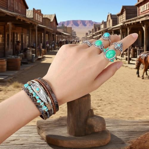 Western Jewelry for Women - Boho Turquoise Jewelry Set with Turquoise Necklace, Earrings, Bracelet & Rings - style: turquoise boho style