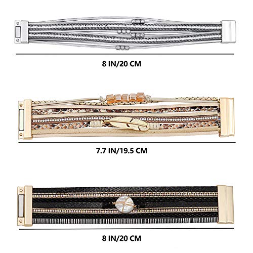 Wowanoo 3Pack Leather Cuff Bracelet Set Multilayer Wrap Bracelet Crystal Feather Tree Bracelet Magnetic Clasp Bracelet for Women - color: ThreeColor