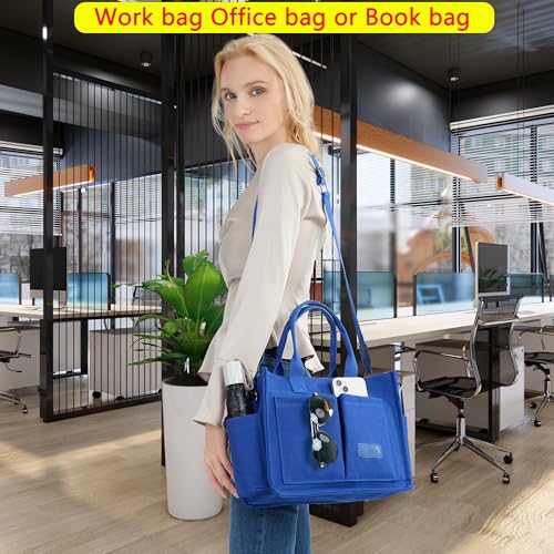 ZHMO Canvas Tote Bag for Women,Women's Bags Crossbody Bags Work Laptop Tote Bag Large Handbags Purse for Travel Nurse Teacher - color: New Upgrade Navy Blue With Compartments and Side Cup Holders