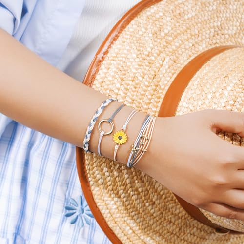 Sunflower Friendship Bracelets Boho Stackable String Bracelets Cute Trendy Gifts for Teen Girls Women - color: Grey Khaki