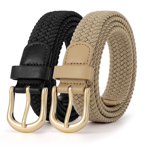 JASGOOD 2 Pack Braided Belts for Women, 1'' Narrow Width Elastic Woven Stretch Fabric Cloth Belts with Gold Buckle - color: G-black+beige, size: Fit Size 29"-32"
