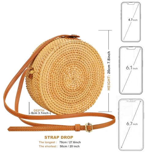 Boho Rattan Crossbody Bag, Handwoven Round Rattan Bag Purse for Women, Tote Basket Circle Boho Bag for Travel Summer Picnic - style: Rattan Bag With Adjustable Strap