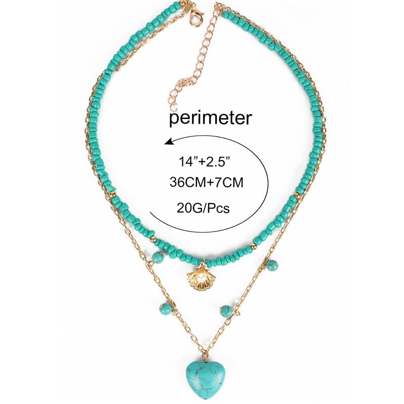 Pingyongchang Boho Layered Western Turquoise Necklaces for Women Vintage Stone Beaded Chokers Butterfly Catus Chain Country Concert Cowgirl Cowboy Jewelry Holiday Gifts - style: E Heart