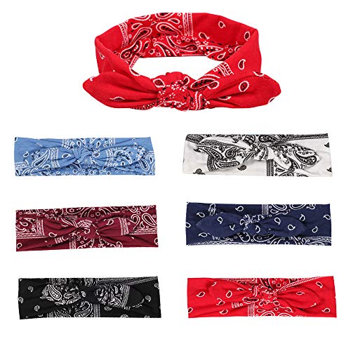 6 Pack Elastic Women Bandana Headbands boho Rabbit Ear Headwrap Bow Headbands Bandana hair bandanas for women (6 Colors Flower Printed Hairband) - color: 6 Colors Flower Printed Hairband