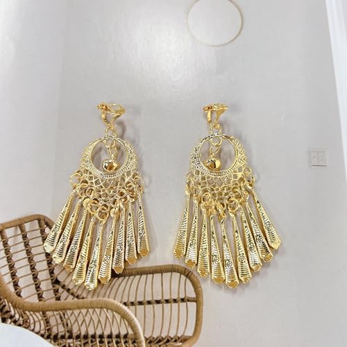 Indian Jingle Bell Dangling Chandelier Clip on Earring Boho Ethnic for Women Bollywood Traditional Gypsy Bohemian Gold Plated Long Tassel Dangle Drop Festival Holiday Party Non Pierced Ears Jewelry