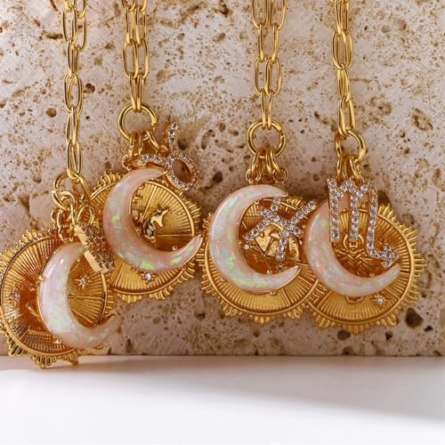 Dainty Gold Zodiac Embossed Coin Opal Crescent Moon Charm Necklace for Women Trendy 18K Gold Plated Retro Paperclip Chain 12 Constellation Horoscope Necklaces Astrology Jewelry Gifts - style: 1.ARIES (MAR21-APR 19)