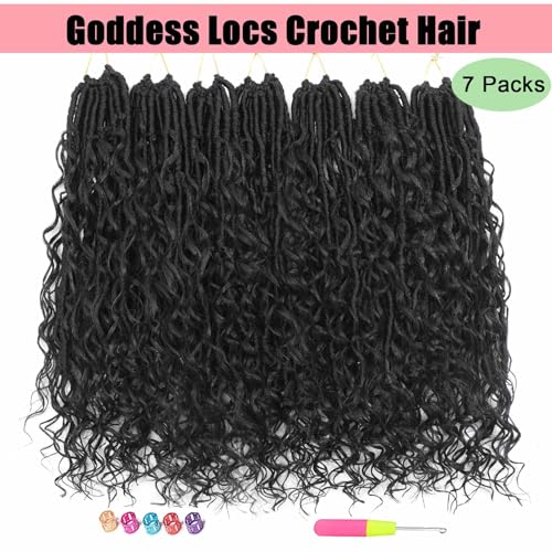 Goddess Locs Crochet Hair 7 Packs Bohemian Faux Locs Pre-Looped Braids, Boho Goddess Soft Locs Crochet Hair with Curly Ends Hair Extensions for Women (1B, 24 Inch) - color: 1B, size: 24 Inch