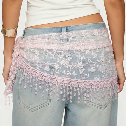 Women's Floral Lace Triangle Hip Scarf Head Kerchief Tie Waist Belt Sheer Hip Wrap Boho Head Scarf Hair Accessory - color: Z1-pink