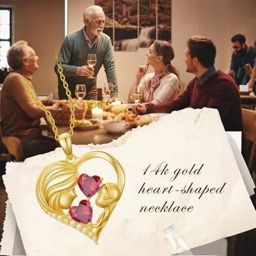 Mothers Day Gifts 14K Yellow Gold Mother Daughter Heart Pendant Necklace with 12 Months Birthstone Birthday Gifts for Mom Anniversarry Jewelry for Mom Wife Girlfriend - color: 01-01-Jan-Jan Birthstone