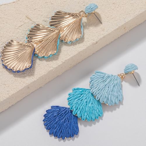 Boho Raffia Earrings Starfish Shell Seashell Dangle Drop Earrings Cute Statemnet Trendy Jewelry Summer Beach Outfits for Women - color: Blue, size: Shell
