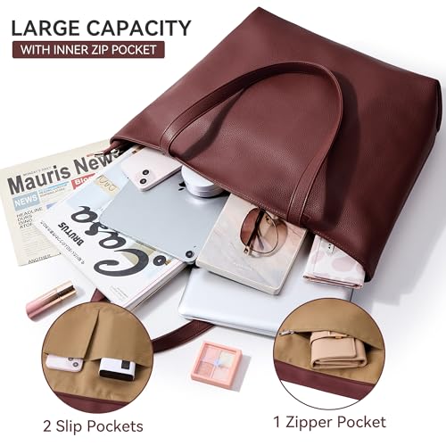 WLLWOO Soft Vegan Leather Tote Bag for Women Large Casual Hobo Handbags Zipper Shoulder Work Daily Weekender Travel Purse - color: Dark Red