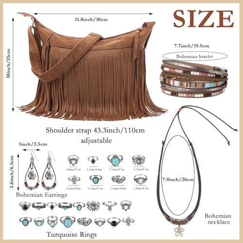 gisgfim 20 Pcs Boho Jewelry Fringe Purse Set Hippie Western Jewelry Fringe Bag Hippie Multi-Layer Choker Necklace Leather Bracelet Turquoise Rings Dangle Earring Western Gifts Set for Women