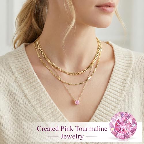 WomenGifts Layered Gold Necklaces for Women, 14K Gold Sterling Silver Plated Dainty Pendant Necklace Set Non Tarnish, Chunky Stackable Cuban Chain Choker, Trendy Birthstone Vacation Jewelry Gift - color: Gold, style: Cubic Zirconia-Created Pink Tourmaline