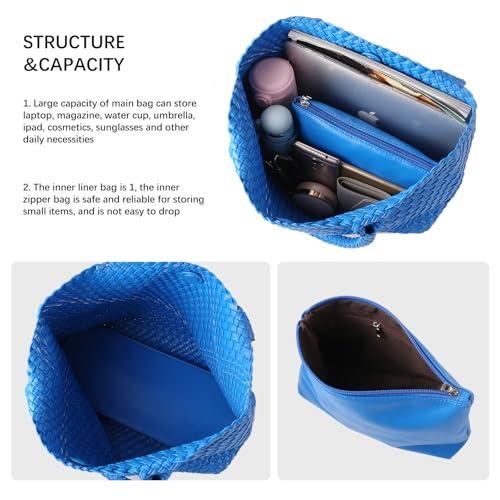 Woven Tote Bag Womens Purse Vegan Leather Shoulder Handbags Fashion Summer Beach Tote Bags Large Travel Totes - color: Klein Blue