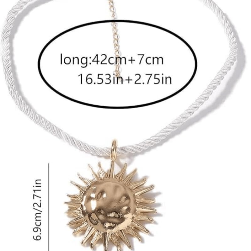 Exquisite Gold Sun Pendant Beige Rope Necklace - Retro Round Coin Necklace - Ladies