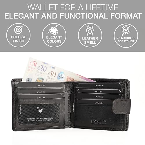 Soft Leather Wallet for Men - Mens Wallet Bifold with Zipper Coin Pocket - Holds Bills, Credit Cards, Coins - Carteras para Hombres Piel - Billeteras de Hombres Cuero Original - RFID Blocking - color: Black - Grey