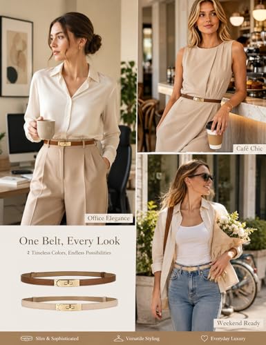 BEMYLV Skinny Belts for Women Dresses Turn-Lock Gold Buckle Adjustable Fashion Waist Belt for Pants Jeans Business Casual - color: Brown+light Khaki