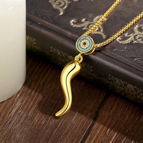 INFUSEU Italian Horn Necklace with Evil Eye for Women Protection Good Luck Gifts - color: Gold, style: Style A