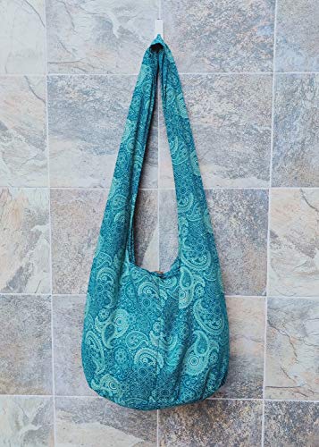 BTP! Thai Cotton Hippie Hobo Sling Crossbody Bag eco Friendly Shopping bag Paisley Print Large - color: Teal Pl9