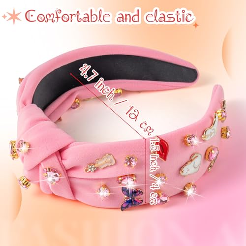 PANTIDE Music Jeweled Knotted Headband - Singer Fans Gift Guitar Red Lip Rhinestone Crystal Embellished Headband Wide Top Knot Fashion Hairband Birthday Back To School Gift for Women Girls (Pink) - color: Pink Music