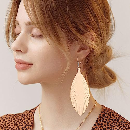 Large Genuine Soft leaf Leather Handmade Fringe Tassel Feather Lightweight Tear Drop Dangle Color Earrings for Women - color: Beige