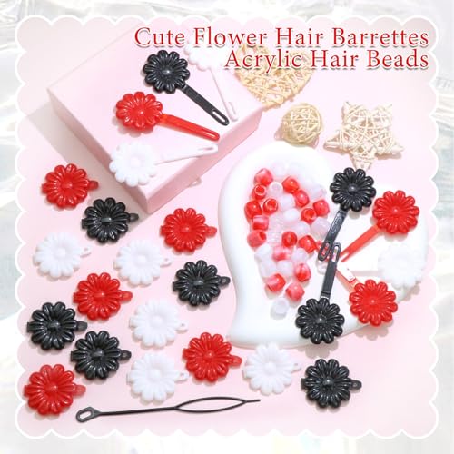 60PCS Hair Dreadlocks Beads Red&&Black&White Loc Bead Decoration Flower Self Hinge Barrettes Plastic Cartoon Hairpin 80s 90s Barrette Clip Decoration Accessories for Toddler Girls - color: Black&Red&White