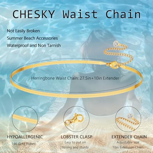 CHESKY 14K Gold Plated Silver Plated Waist Chain for Women, Layered Belly Belt Chains Beach Waist Beads Chain Waterproof Snake Cuban Body Chain Summer Jewelry Accessories for Women - style: snake-gd