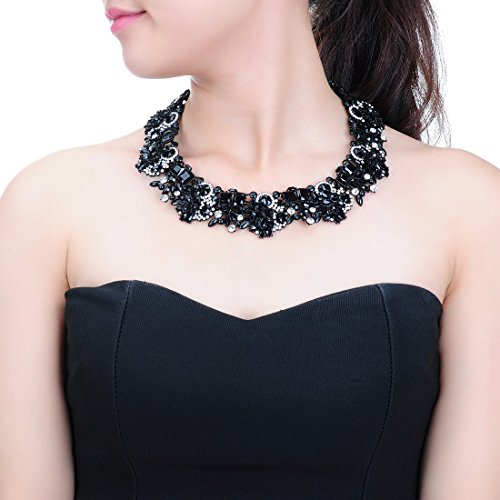 Jerollin Crystal Rhinestone/Pearl Statement Chain Necklace, Vintage Choker Bib Pendant Necklace Bohemian Bling Tassel Collar Statement Necklace for Evening Party - color: White+Black