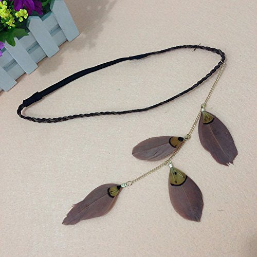 Women Lady Bohemian Tassels Hairband Headwear Hippie Feather Headband Hair Hoop Handmade Indian Fascinator Headband Hair Bands Headdress Hair Accessories (B#) - color: Coffee