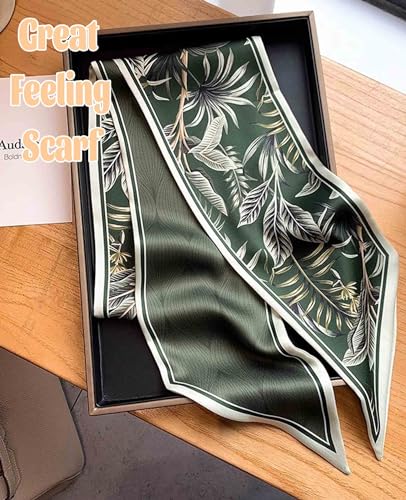 kcctoo 59" Mulberry Silk Like Head Scarf Women's Fashion Square Neck Satin Scarfs for Bag Hair Scarves Gift 59 * 5.9” - color: A011-dark Green Leaves/59"x5.9"