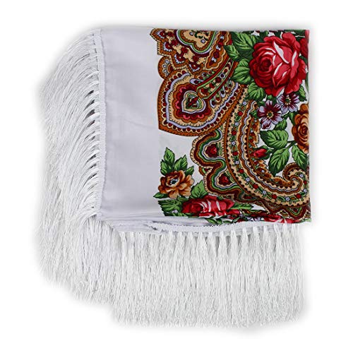 Gudessly Women's Traditional Scarf Wrap Tassel Fringes Neck Head Shawl Retro Scarf Floral Poncho Printing Square Cape 50inch - color: White