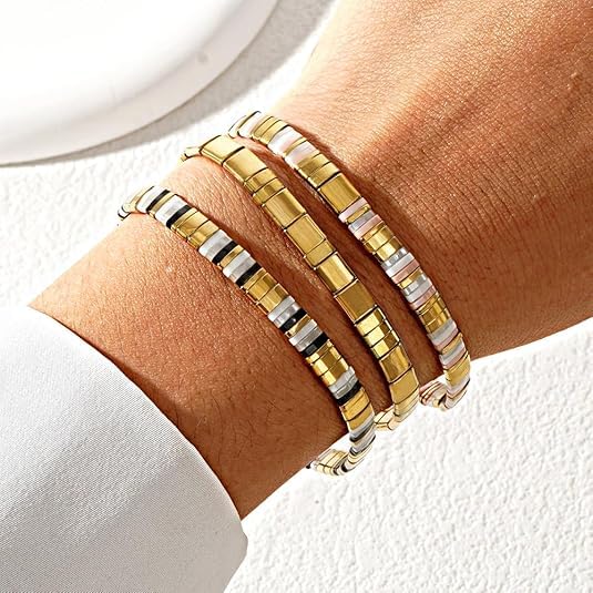 Tila Flat Square Stack Beaded Bracelets Set for Women Men, Boho 3Pcs Romantic Handmade Healing Gold Colorful Stretch Accessories Jewelry, Daily Vacation Party Holiday Friendship Gift - color: Gold White