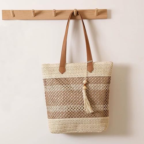 Aphoraeny Straw Beach Bag Buckets Totes Handbag Shoulder Tote Bag Straw Purse Summer Purse Women Summer Handbag - color: B-beige Stripes