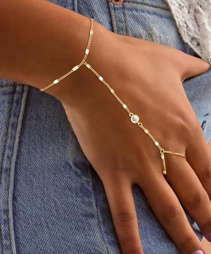 Gold Bracelets for Women Trendy, Dainty Gold Hand Chain Bracelets Stackable 14k Gold Plated Finger Ring Bracelet Hand Chain Cz Flower Layered Link Bracelets for Women Non Tarnish Jewelry Gifts - style: spark cz hand chain bracelet-gold