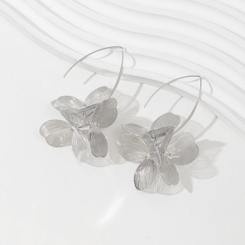 Gold Flower Statement Earrings for Women Boho Trendy Hoop Earrings Floral Dangle Petal Earring Prom Wedding Jewelry Gifts - color: B2:silver