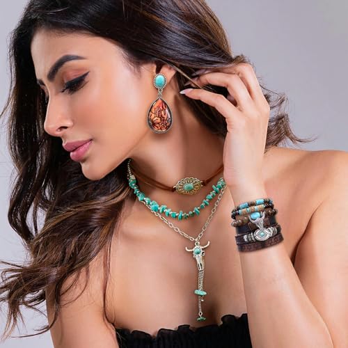 3 Pcs Layered Western Jewelry Set for Women Boho Turquoise Beaded OX-Head Necklaces Western Cactus Cowboy Chic Earrings Rustic Cowgirl Stack Bracelets Country Concert Outfits Accessory - color: OX-Head Tassel