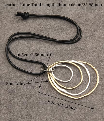 PU Leather Necklace Vintage Boho Style Multilayer Pendant Long Sweater Necklace Jewelry for Women Men with Adjustable Leather Cord - color: Gold Silver 4 Circles Necklace