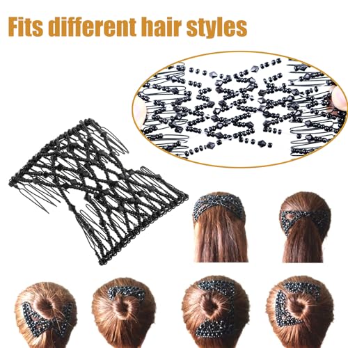 5 Pieces Stretchy Beaded Hair Accessories - Adjustable Elastic Clips, No Crease Pins for Curly Thick Wavy Hair Ponytails, Vintage Bun Makers for Women and Girls - color: Black,Red,Brown,Pink,Blue