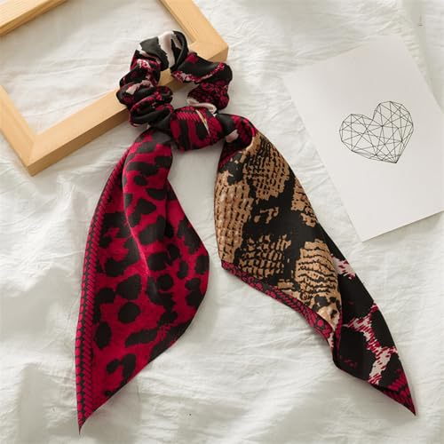 Boho Hair Scarf Scrunchies, 12” Floral Satin Bow Ties Long Bandana, French-Inspired Cheetah Ribbon Ponytail Holder Hair Accessories (Cheetah, 4 Pack) - color: Cheetah