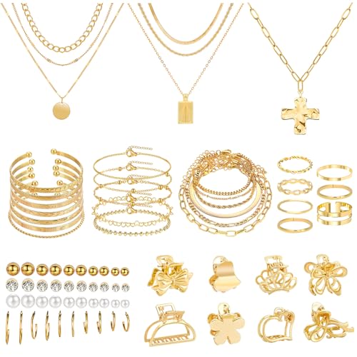 NEWITIN 44 Pieces Chunky Gold Jewelry Set for Women Fashion Costume Jewelry Gold Plated Chunky Necklace Chain Bracelet Ring Hoop Earrings Set for Women - color: Gold C