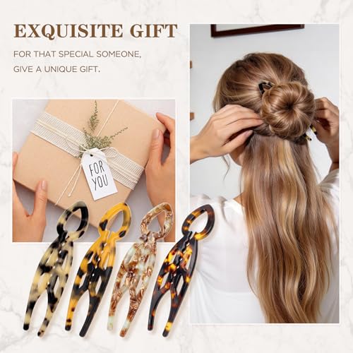 4PCS Prestige French Hair Pins for Women - 4.33 Inch Large Tortoise Shell Hair Pin, Acetate Curved Design for Updos Buns Chignons, Strong Hold Hair Styling Pins for Thick Thin Hair