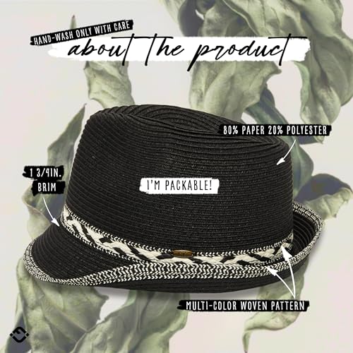 Funky Junque Straw Fedora Hats for Women - UPF 50+ Sun Hat, Short Brim Packable Beach Hat with Woven Pattern - color: Black