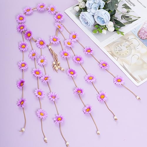 Sucrain 2pcs Flower Hippie Headband Floral Crown Summer Sunflower Hair Accessories for 70 s Bohemian Costumes Style for Women(Rose Red + Purple White) - color: Rose Red + Purple White