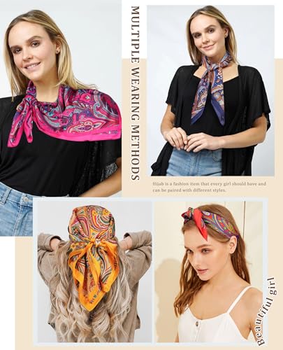 AWAYTR 27.5” Silk Satin Square Head Scarf - 4PCS Satin Head Scarves for Women Hair Kerchief Bandanas Sleeping Head Wraps - color: Cashew(flower(hot Pink/Navy/Orange/Yellow))