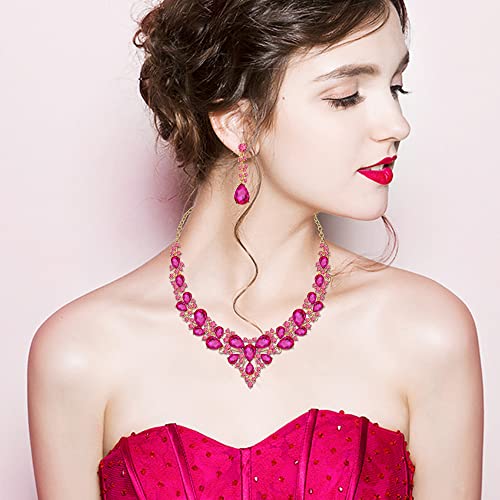 CSY 4 Pcs/Set Austrian Crystal Necklace Earrings Bracelet Ring Bridal Jewelry Sets for Brides Wedding Party Costume Accessories Gifts for Women - color: 02-gold plated-hot pink crystal