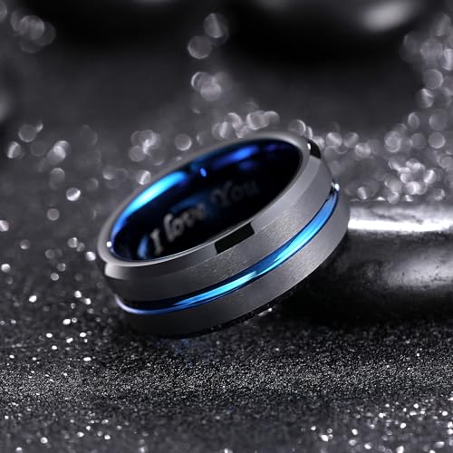 King Will Mens Tungsten Rings for Men Two Tone Grooved Mens Wedding Band Cool - color: Black & Blue 8mm, I Love You
