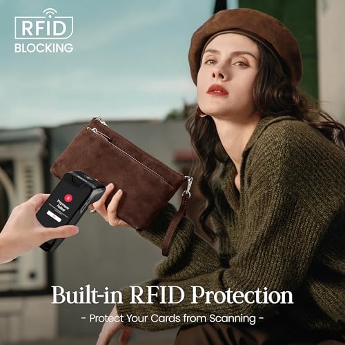 befen Genuine Leather Wristlet Clutch Wallet Purses with RFID Blocking, Small Crossbody Bags Shoulder Handbag for Women - color: Suede Brown